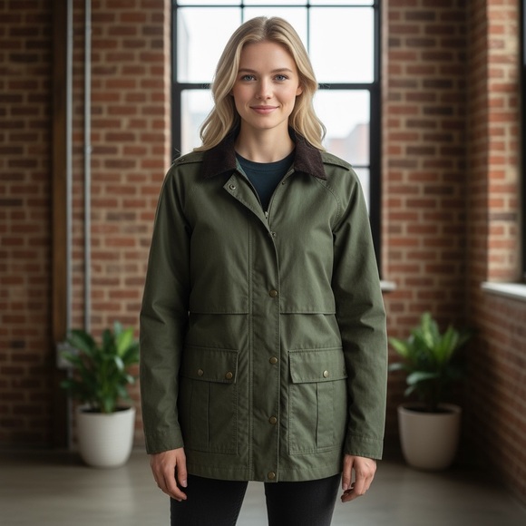 Lands End Barn Coat Utility Hooded Jacket Army Green Corduroy Large - Picture 1 of 12